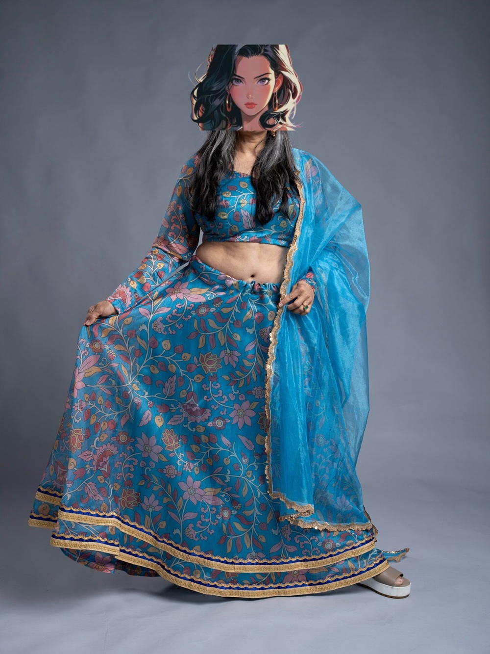 Blue Floral A-Line Skirt with Coordinating Dupatta - Women